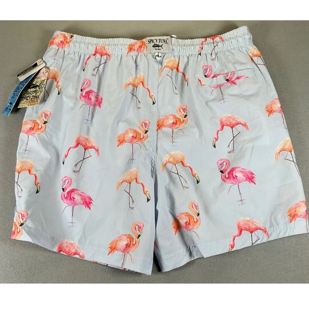 Spicy Tuna Flamingo Swim Trunks XL Light Blue Tropical Board Shorts NWT UPF 50+‎